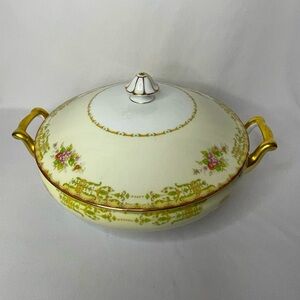 Floral china serving bowl with lid, gold trim